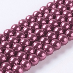 Rouge Violet Moyen Brins de perles rondes en verre teinté écologique, Grade a, cordon en coton fileté, support violet rouge, 8mm, Trou: 0.7~1.1mm, Environ 52 pcs/chapelet, 15 pouce