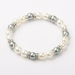 Light Grey Shell Pearl Bracelets, Beaded Bracelets for Women, Stretchy Bracelets, with Middle East Rhinestones, Light Grey, 55mm