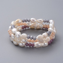 Mixed Color Natural Baroque Pearl Stretch Bracelets, Stackable Bracelets, with Faceted Rondelle Glass Beads and Burlap Bags, Mixed Color, 2-1/8 inch~2-1/2 inch(5.55~6.45cm), 3pcs/set