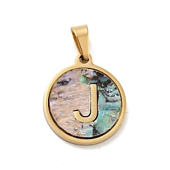 Letter J Vacuum Plating 304 Stainless Steel with Paua Shell Pendants, Golden, Flat Round with Letter Charm, Letter.J, 18x16x1.5mm, Hole: 3x6mm