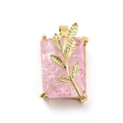 Pink Glass Pendants, with Real 18K Gold Plated Brass Findings, Rectangle with Leaf, Pink, 22x14.5x11mm, Hole: 5x2.5mm