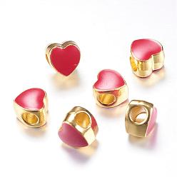 Red Enamel Style Alloy European Beads, Large Hole Beads, Heart, Golden, Red, 11x10.5x8mm, Hole: 4.5mm