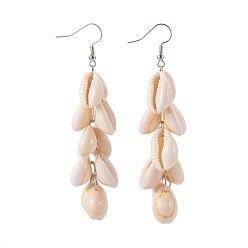 Shell Cowrie Shell Beads Dangle Earrings, with 304 Stainless Steel Earring Hooks and Iron Jump Ring, 84~86mm, pin: 0.7mm