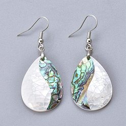 Platinum White Shell & Abalone Shell/Paua Shell Dangle Earrings, with Brass Ice Pick Pinch Bails and Earring Hooks, Teardrop, Platinum, 52mm, Pin: 0.7mm