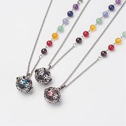 Mixed Color Brass Cage Pendant Necklaces, with Brass Round Smooth Chime Ball Beads, Gemstone Beads and Stainless Steel Chain, Mixed Color, 17.3 inch(44cm)