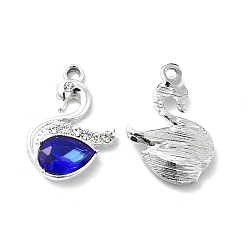 Azul Colgantes de cristal de aleación, colgante de cisne de diamantes de imitación de cristal, Platino, azul, 23x15x5 mm, agujero: 2 mm