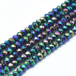 Multi-color Plated Electroplate Glass Beads Strands, Full Plated, Faceted, Abacus, Multi-color Plated, 2x1.5~1.6mm, Hole: 0.8mm, about 235 pcs/Strand, 14.17 inch(36cm)
