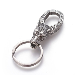 Antique Silver 304 Stainless Steel Split Key Rings, Keychain Clasp Findings, Wolf, Antique Silver, 74mm, Ring: 28x2.5mm, 22mm Inner Diameter
