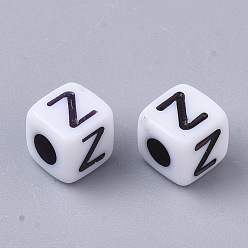 Letter Z White Opaque Acrylic Beads, Horizontal Hole, Cube with Black Alphabet, Letter.Z, 4~5x4~5x4~5mm, Hole: 1.8mm, about 6470~6500pcs/500g
