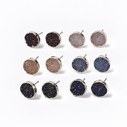 Mixed Color Electroplate Druzy Resin Stud Earrings, with Iron Pins and Light Gold Plated Iron Findings, Flat Round, Mixed Color, 10mm, Pin: 0.6mm