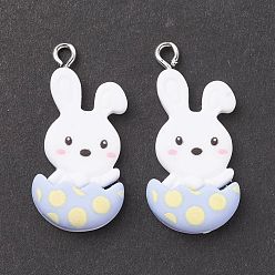 White Opaque Resin Pendants, with Platinum Tone Iron Loops, Easter Theme, Rabbit with Eggshell, White, 32.5x15.5x5mm, Hole: 2mm