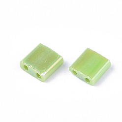 Light Green 2-Hole Glass Seed Beads, Rainbow Plated, Square, Light Green, 5x4.5~5.5x2~2.5mm, Hole: 0.5~0.8mm