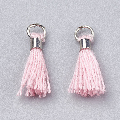 Rose Nacré Décorations pendentif gland en polycoton (polyester coton), mini pompon, avec les accessoires en laiton, platine, perle rose, 10~15x3~4mm, Trou: 2mm