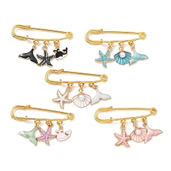 Mixed Color Marine Theme Pendant Alloy Enamel Brooches, Golden Iron Kilt Pins for Women, Starfish & Shell & Fishtail, Mixed Color, 36.5~39x50x5.5mm