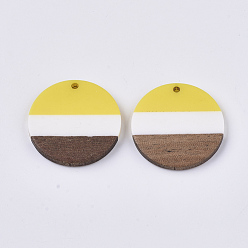Yellow Tri-color Resin & Walnut Wood Pendants, Flat Round, Yellow, 28x3.5mm, Hole: 2mm