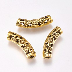 Oro Antiguo Perlas de tubo de aleación, con diseño de flores, oro antiguo, 6.5x20.5x5 mm, agujero: 2.5 mm
