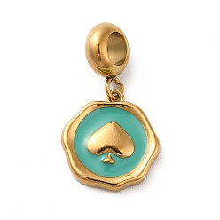 Light Sea Green Ion Plating(IP) 304 Stainless Steel Enamel European Dangle Charms, Large Hole Pendants, Flat Round with Spade Pattern, Golden, Light Sea Green, 25mm, Pendant: 15x14x2.5mm, Hole: 4.5mm