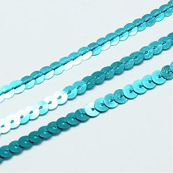 Turquoise Perles de paillette en plastique, perles de paillettes, Accessoires d'ornement, plat rond, turquoise, 6 mm, environ 100 mètres / rouleau