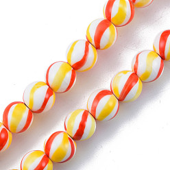 Red Handmade Porcelain Bead Strands, Famille Rose Style, Round with Stripe Pattern, Red, 10.5mm, Hole: 2mm, about 30pcs/strand, 11.81 inch(30cm)