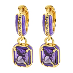 Blue Violet Rack Plating Real 18K Gold Plated Brass Enamel Rectangle Dangle Hoop Earrings, with Cubic Zirconia, Lead Free & Cadmium Free, Blue Violet, 28x9.5mm