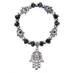 Black Lampwork Evil Eye & Glass Beaded Stretch Bracelet with Alloy Hamsa Hand Charm for Women, Black, 7-1/2 inch(19cm)