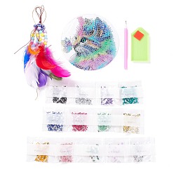 Cat Shape DIY Diamond Painting Hanging Woven Net/Web with Feather Pendant Kits, Including Acrylic Plate, Pen, Tray, Bells and Random Color Feather, Wind Chime Crafts for Home Decor, Cat Pattern, 400x146mm