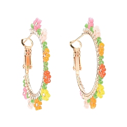 Golden Brass Hoop Earrings, with Colorful Handmade Japanese Seed Beads, Flower, Golden, 35.5x35.5x5.5mm, Pin: 0.6mm