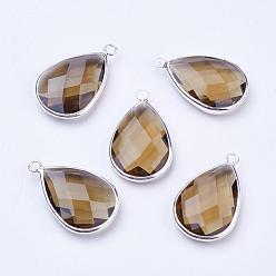 Tan Silver Color Plated Brass Glass Teardrop Pendants, Faceted, Tan, 18x10x5mm, Hole: 2mm