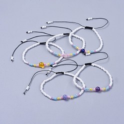 Mixed Stone Adjustable Nylon Thread Kid Braided Beads Bracelets, with Natural Mixed Stone Round Beads and Glass Seed Beads, 1-7/8 inch(4.9cm)