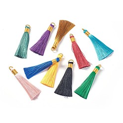 Mixed Color Nylon Tassel Big Pendants, with Iron Findings, Golden, Mixed Color, 80x8.5mm, Hole: 5x6.5mm