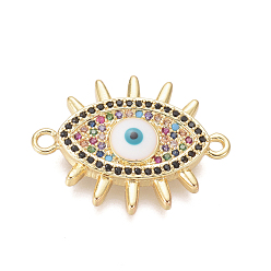 Golden Brass Micro Pave Cubic Zirconia Links connectors, with Enamel, Evil Eye, Colorful, Golden, 18x23.5x4mm, Hole: 1.4mm