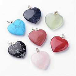 Platinum Synthetic & Natural Natural & Synthetic Mixed Stone Pendants, Heart, Platinum, 21~23x19~20x4.5~6.5mm, Hole: 2mm