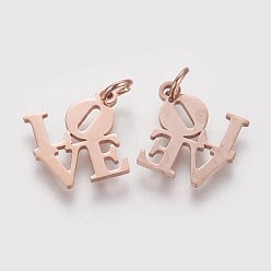 Rose Gold 304 Stainless Steel Pendants, Word Love, Rose Gold, 16x16x1mm, Hole: 3mm