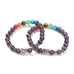 Amethyst Chakra Jewelry, Round Natural Amethyst & Gemstone Stretch Beaded Bracelets, with Alloy Owl Beads, Antique Silver, Inner Diameter: 2-3/8 inch(6cm)