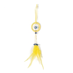 Yellow Iron Woven Web/Net with Feather Pendant Decorations, with Blue Evil Eye, for Home Decorations, Yellow, 270x50mm
