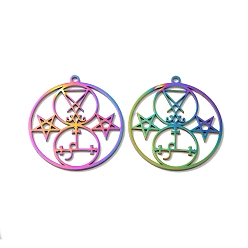 Rainbow Color Placage ionique (ip) 304 pendentif en acier inoxydable, rond plat avec symbole satan et breloque étoile, couleur arc en ciel, 38x35x1mm, Trou: 2mm