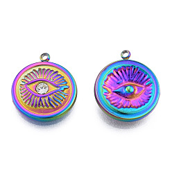 Rainbow Color 304 Stainless Steel Pendants, with Crystal Rhinestone, Flat Round with Eye, Rainbow Color, 17.5x15x3mm, Hole: 1.5mm