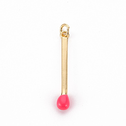 Cerise Brass Enamel Pendants, with Jump Ring, Cadmium Free & Nickel Free & Lead Free, Match, Real 16K Gold Plated, Cerise, 30x4.5mm, Jump Ring: 5x1mm, 3mm inner diameter