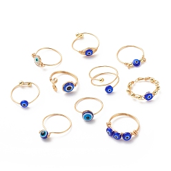 Golden 10Pcs 10 Style Resin & Lampwork Evil Eye Beaded Finger Rings, Copper Wire Wrap Jewelry for Women, Golden, US Size 7 3/4~10 1/2(18~20.1mm), 1Pc/style