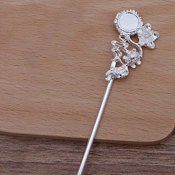 Silver Iron Hair Stick Findings, with Alloy Cabochons Setting, Flower with Fish, Silver, Tray: 10mm, 155x25x6mm, Pin: 2.5mm