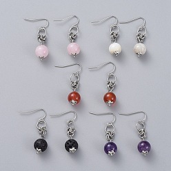 Mixed Stone Natural Gemstone Dangle Earrings, with 304 Stainless Steel Flower Bead Caps and 316 Surgical Stainless Steel Earring Hooks, 39mm, Pin: 0.6mm