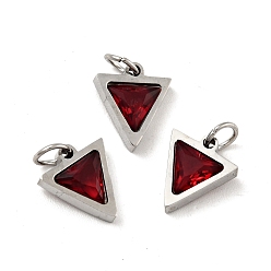 Dark Red 304 Stainless Steel Pendants, with Cubic Zirconia and Jump Rings, Single Stone Charms, Triangle, Stainless Steel Color, Dark Red, 11x9.5x3mm, Hole: 3.6mm