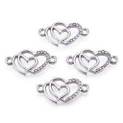 Platinum Alloy Rhinestone Links connectors, Double Heart, Platinum, 12.5x25x2.5mm, Hole: 1.5mm