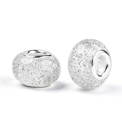 Light Grey Epoxy Resin European Beads, Large Hole Beads, with Glitter Powder and Platinum Tone Brass Double Cores, Rondelle, Light Grey, 14x9mm, Hole: 5mm
