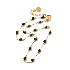 Black Glass Round Beaded Link Chain Necklace, Golden 304 Stainless Steel Jewelry for Women, Black, 9.84 inch(25cm), Extension Chain: 4.5cm