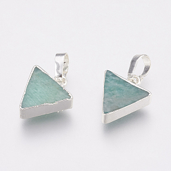 Silver Natural Amazonite Pendants, with Brass Findings, Triangle, Silver Color Plated, 13~15x11~13x4mm, Hole: 4x6mm