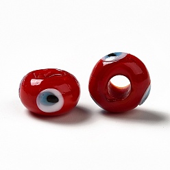 FireBrick Handmade Evil Eye Lampwork Beads, Rondelle, FireBrick, 13~14.5x13.5~15x8~9mm, Hole: 4.5mm