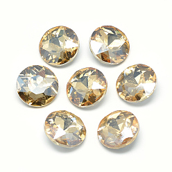 Pale Goldenrod Pointed Back Glass Rhinestone Cabochons, Back Plated, Faceted, Flat Round, Pale Goldenrod, 14x5.8mm