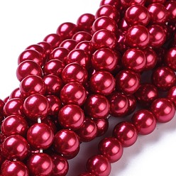 Cramoisi Brins de perles rondes en verre teinté écologique, Grade a, cordon en coton fileté, cramoisi, 8mm, Trou: 0.7~1.1mm, Environ 52 pcs/chapelet, 15 pouce