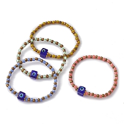Couleur Mélangete Lampe d’oeil maléfique et bracelet extensible perlé de graines de verre, couleur mixte, diamètre intérieur: 2-1/8~2-1/4 pouce (5.5~5.7 cm)